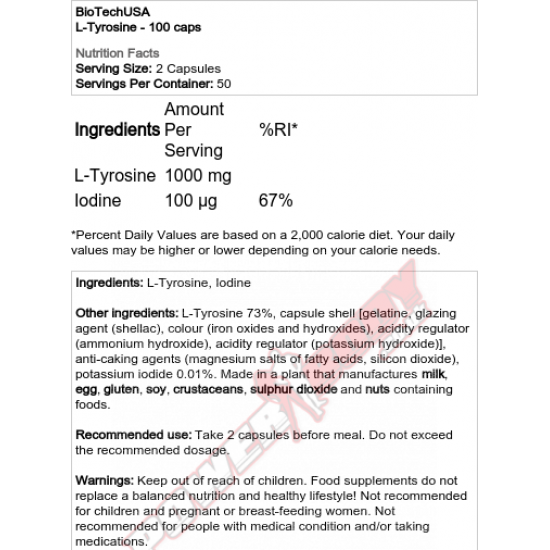 L-TYROSINE 500mg 100caps (BIOTECH USA)